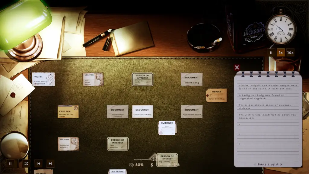 Paper clues and a notepad on the detective's desk.