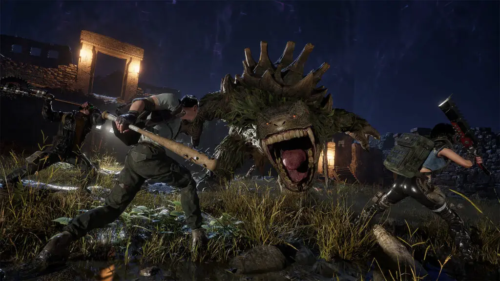 The Cube, Save Us: A group of scavengers fighting a large lizard-like creatures using makeshift weapons.