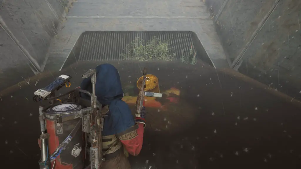 Arc Raiders Source of the Contamination: A player looking at a yellow barrel leaking pollutants into water in the flood spill intake.