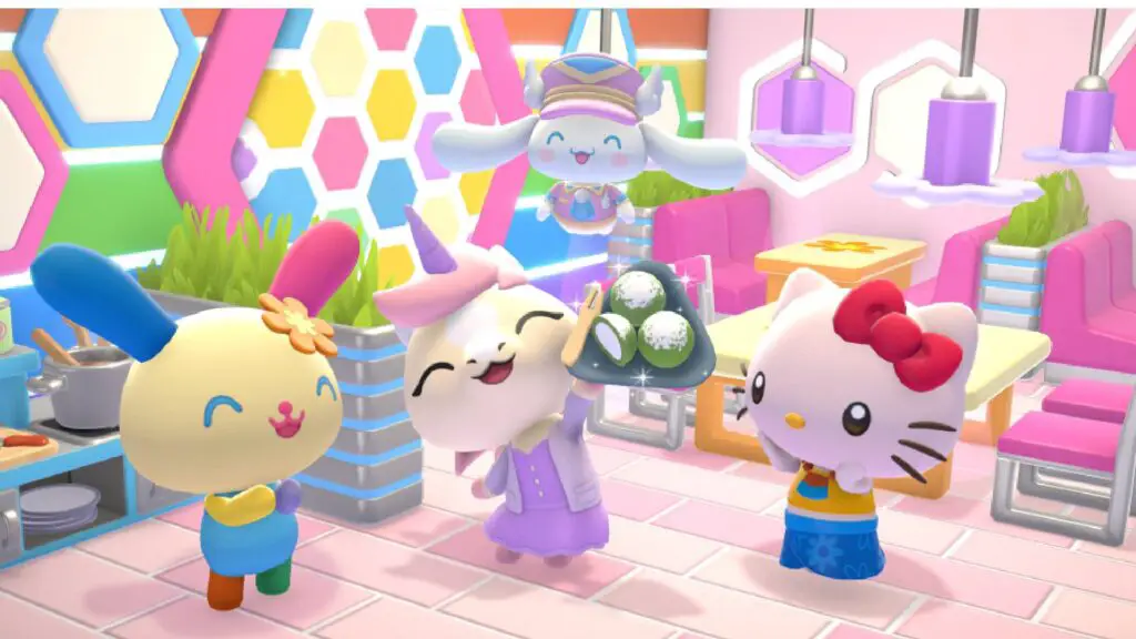 Hello kitty and USAHANA and player in a cafe in Hello Kitty Island Adventure