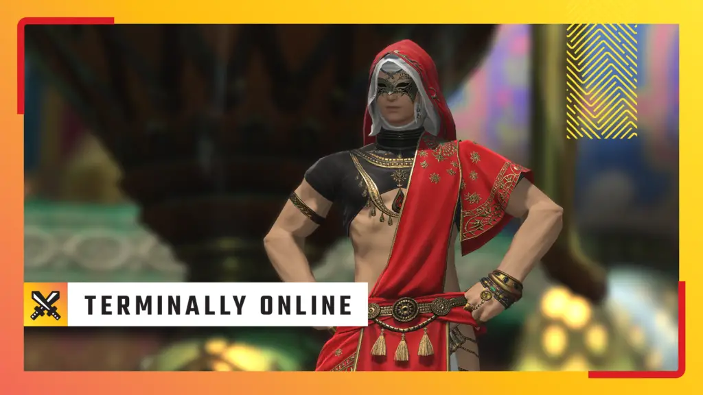 A rogue in scarlet drapes poses in Final Fantasy 14