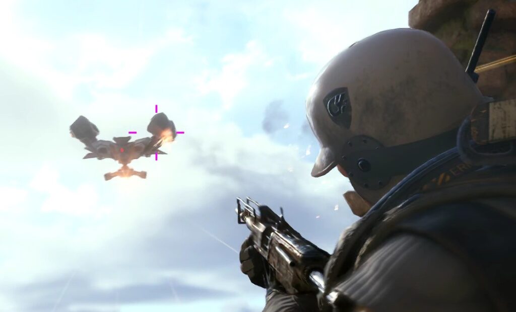 a player pointing a rattler gun at a rocketeer as it's about to fire in Blue Gate map