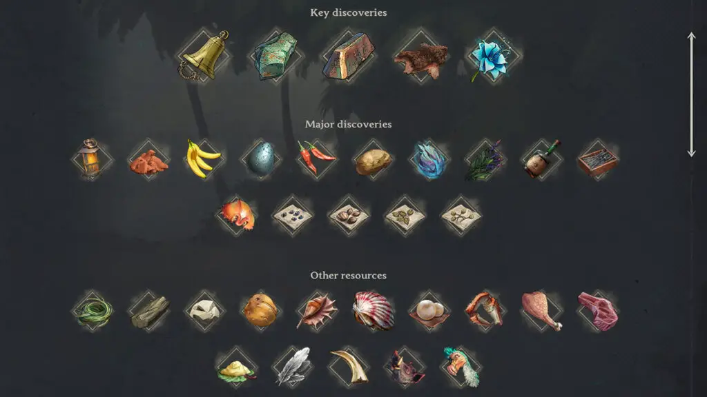 Windrose - The Discovery menu displaying every item you can find in the Coastal Jungle