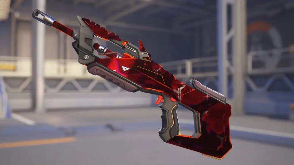 Overwatch Crimson Wolf: A side view of the Crimson Wolf competitive weapon variant on Emre's gun.