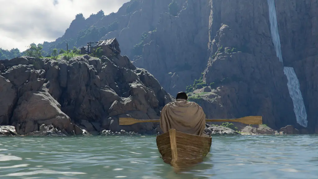 Kliff paddling a boat toward a small cabin in Crimson Desert