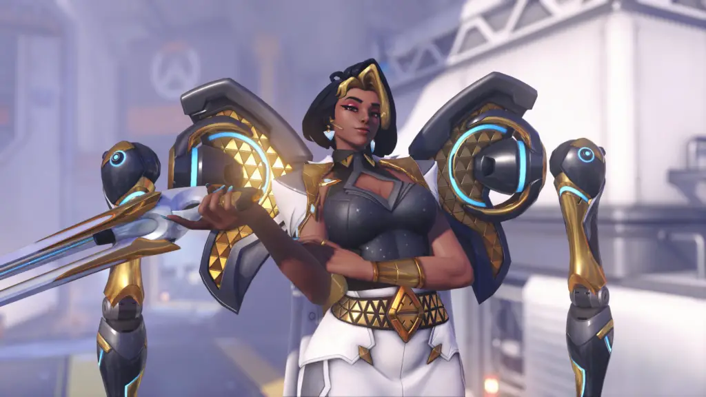 Overwatch Domina: Key art of Domina looking straight ahead with a very relaxed pose, pointing her Photon Magnum to the side.