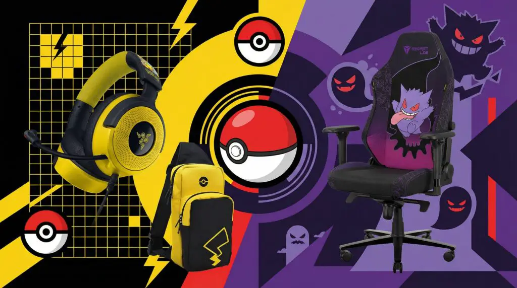 An AI-generated collage showcasing a Razer Pokemon edition gaming headset, a Pikachu themed Hori travel bag, a Poke Ball replica, and a Secretlab Gengar edition gaming chair.