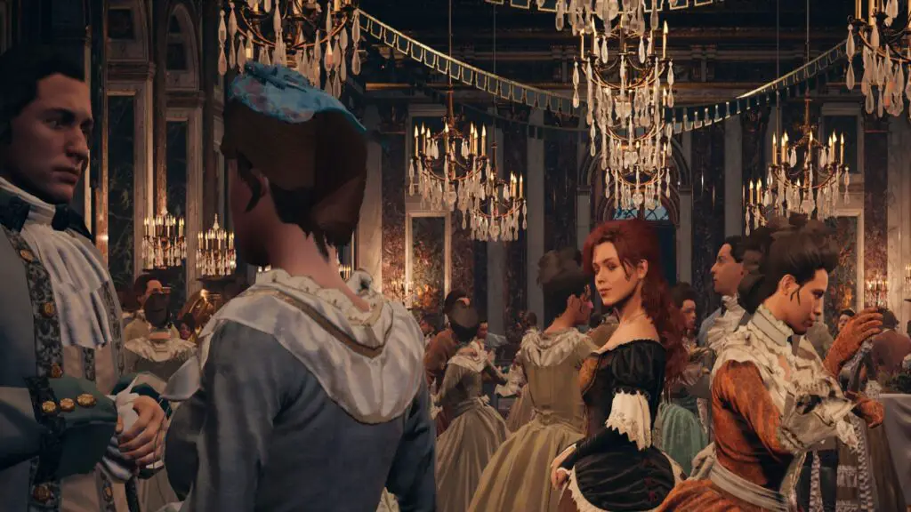 A woman looks back at you from across a crowded ballroom in Assassin's Creed Unity