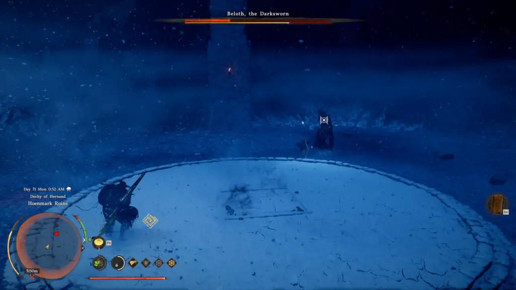 Kliff facing Beloth the Darksworn in a snowy arena