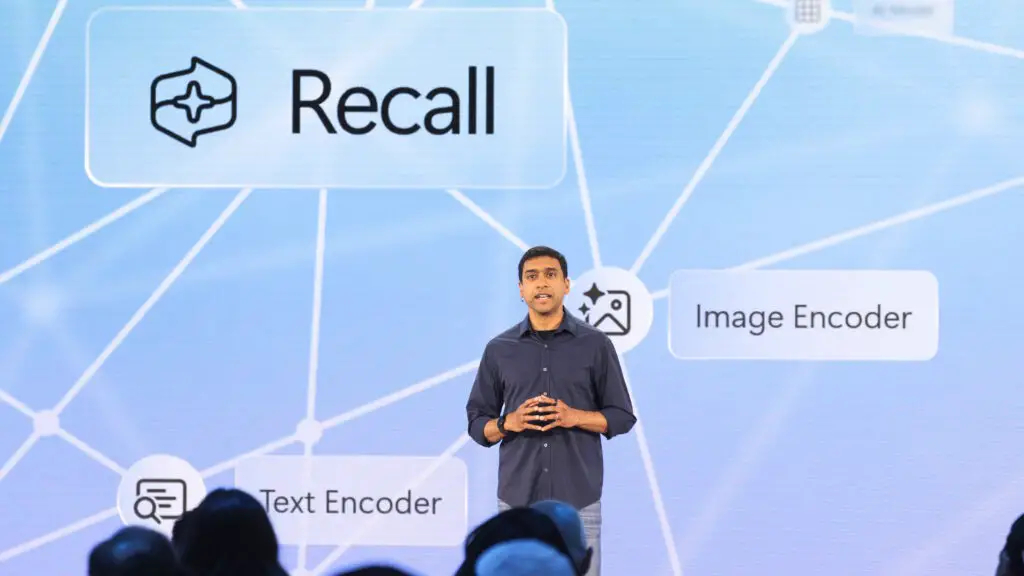 Microsoft Corporate Vice President Pavan Davuluri presenting Windows Recall at the May 2024 briefing.