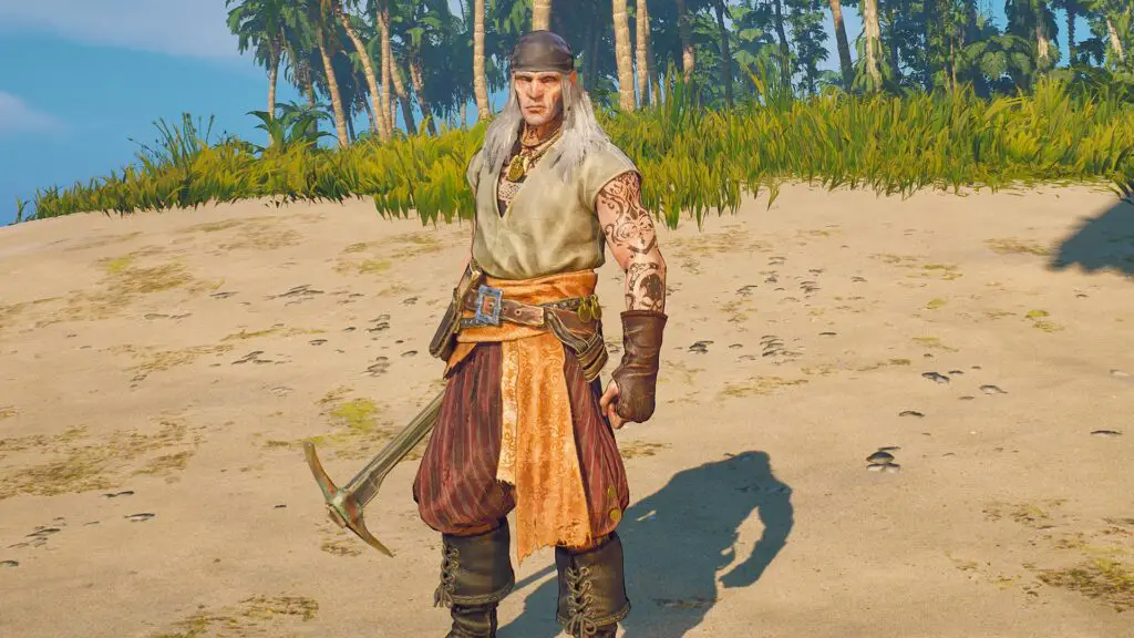 A character in Windrose holding a pickaxe on a beach.