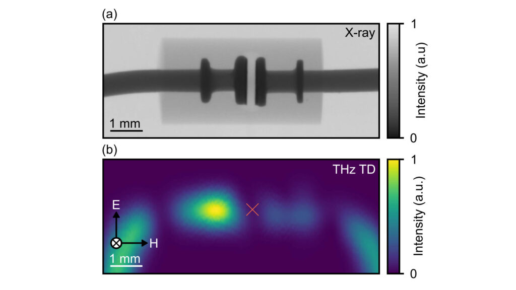 An image from an Adelaide University research paper, comparing an x-ray image of a diode against one generated by using terahertz waves