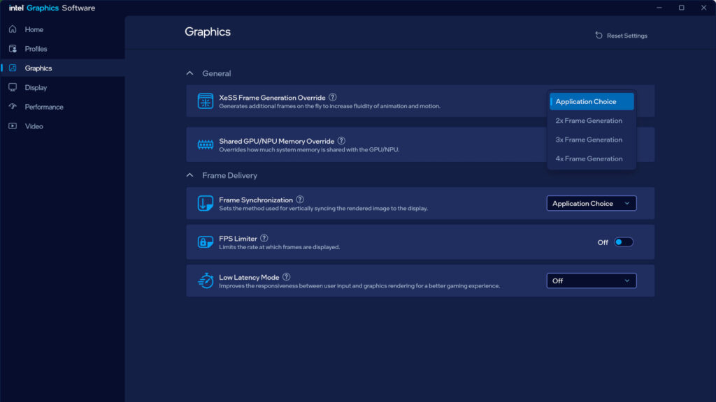 A screenshot of Intel's Graphics Software app, showing the XeSS Multi-Frame Generation override option