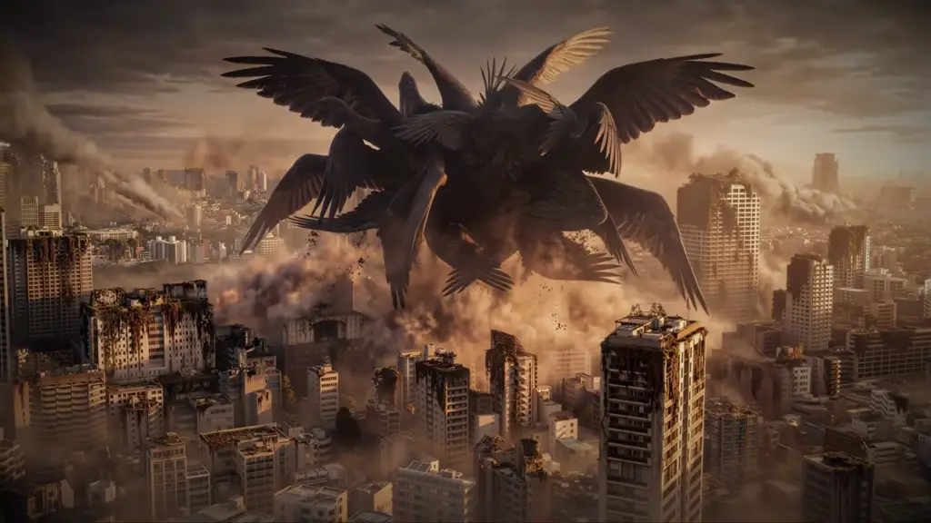 A giant floating monster above a blasted cityscape.