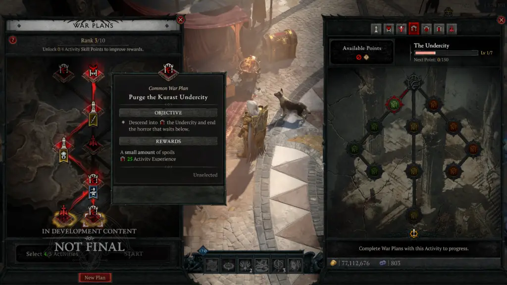 Screenshot of the Diablo 4 War Plans menu and endgame skill tree.