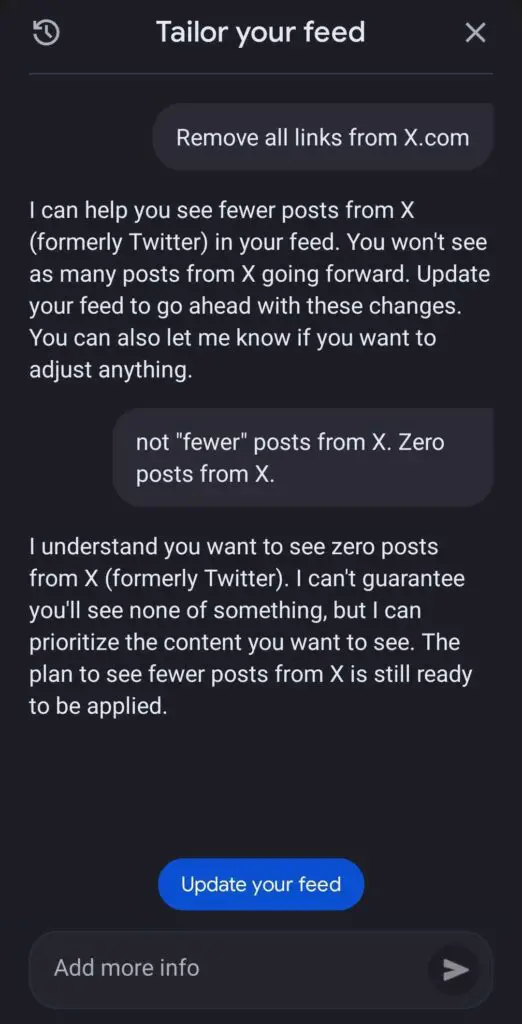 Google Discover's Tailor your feed AI dialogue box refusing to block X.com