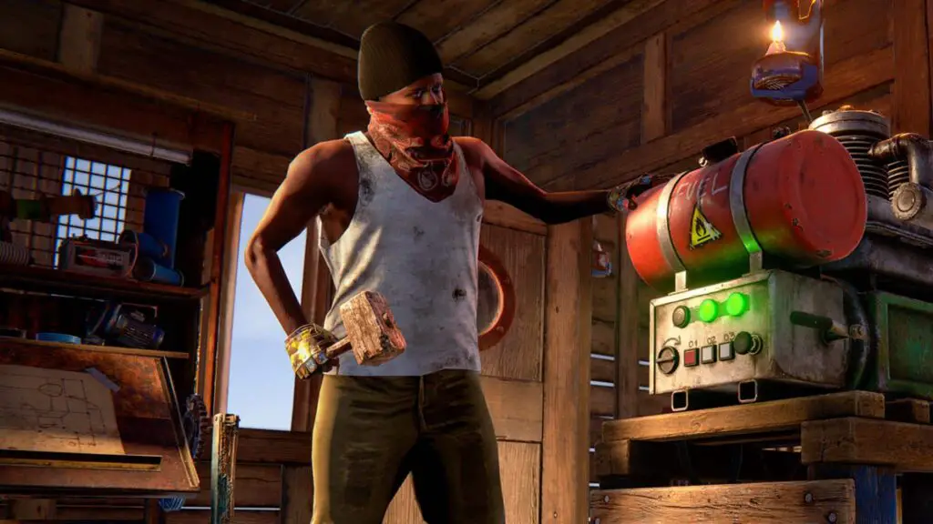 Rust player tinkering with a motor onboard a ship.