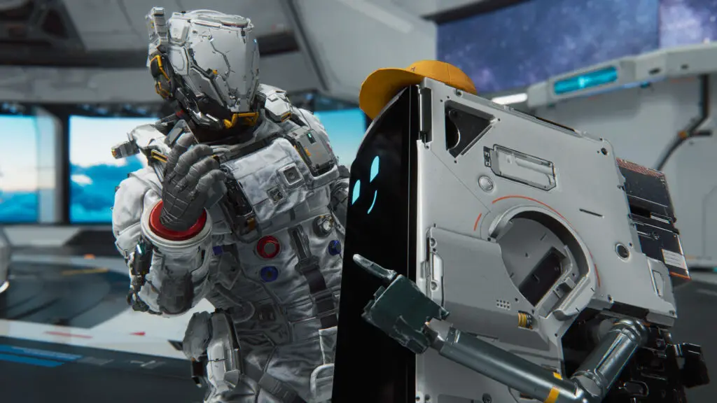 Pragmata guide: Hugh excitedly standing next to the Cabin robot.