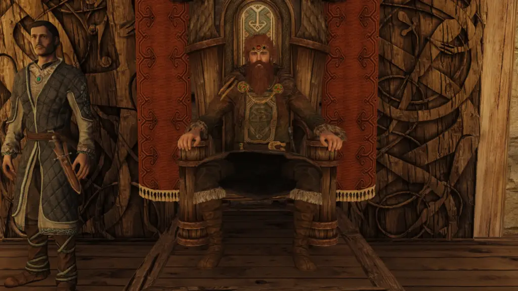 A jarl sits on his throne in Skyrim showing new custom animation.
