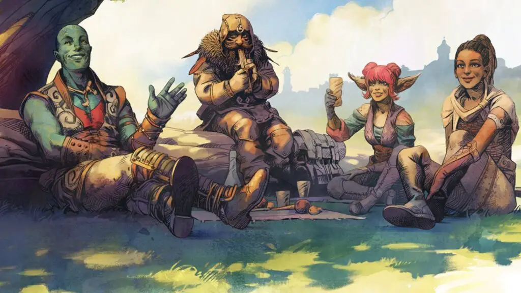 Avowed companions having a picnic and toasting the viewer.