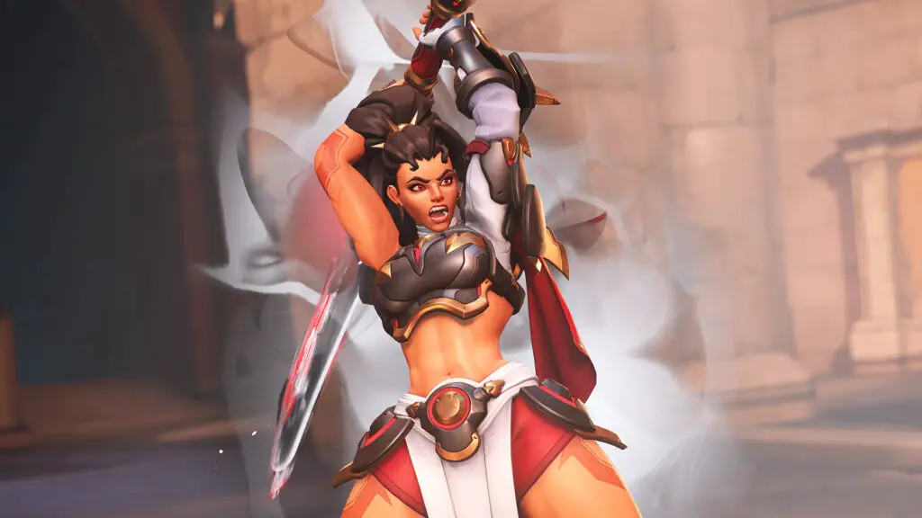 Overwatch Season 20: Vendetta shouting as she raises her sword above her head, about to slam it down.