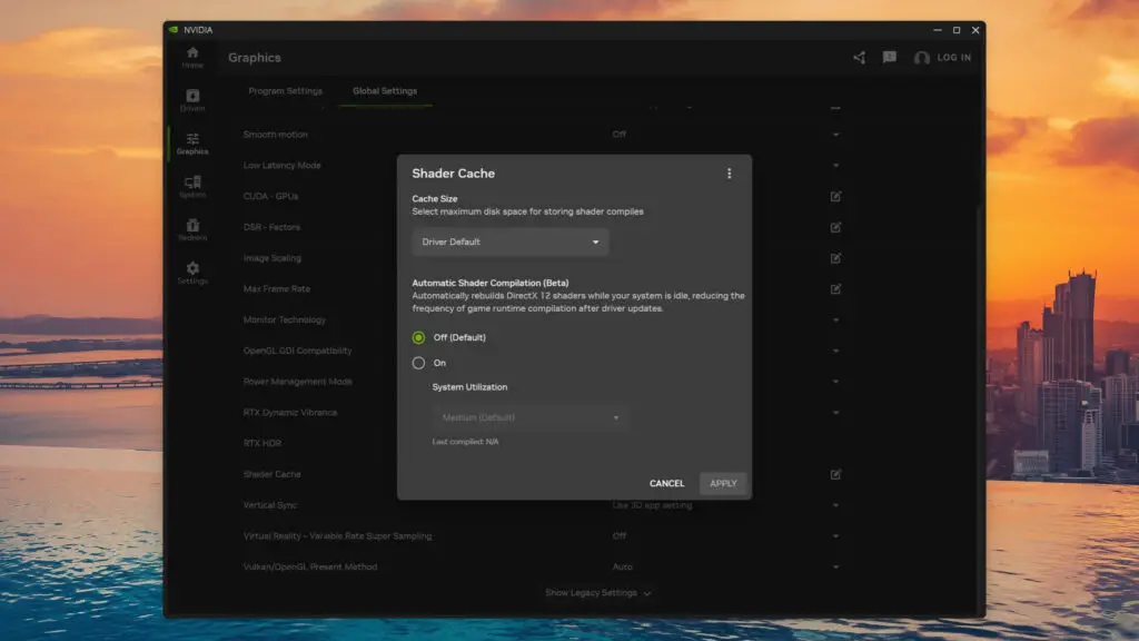 A screenshot of the beta automatic shader compilation option in the April release of Nvidia App