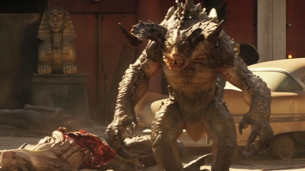 A Deathclaw in the ruins of New Vegas