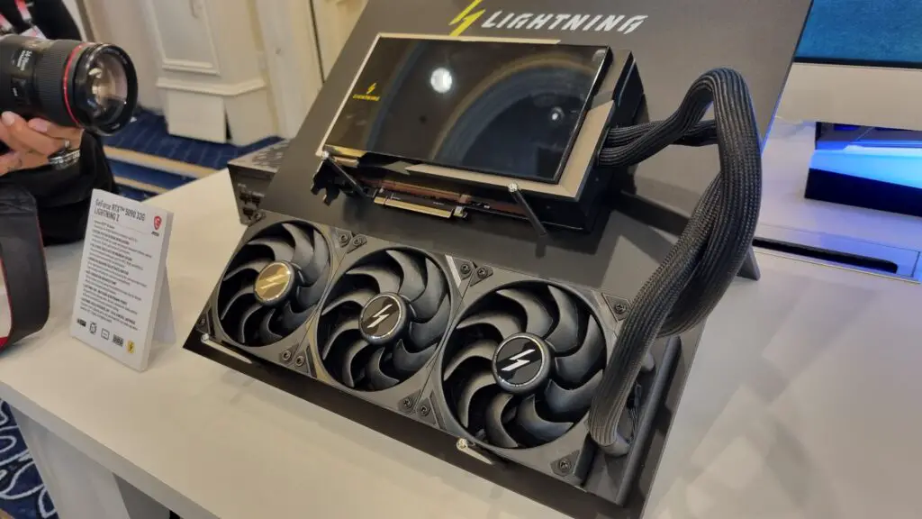 An MSI GeForce RTX 5090 32G Lightning Z graphics card on display at CES 2026