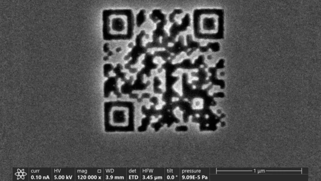 Magnified view of the microscopic QR code pixels