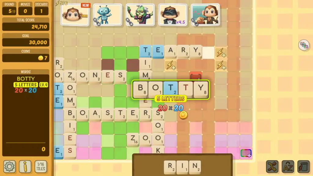 Beyond Words gameplay interface showing letter tiles and multipliers.