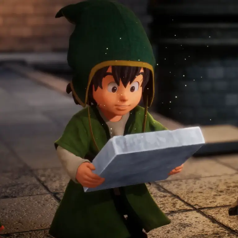 The Hero from Dragon Quest 7 Reimagined holding a tablet and looking at it