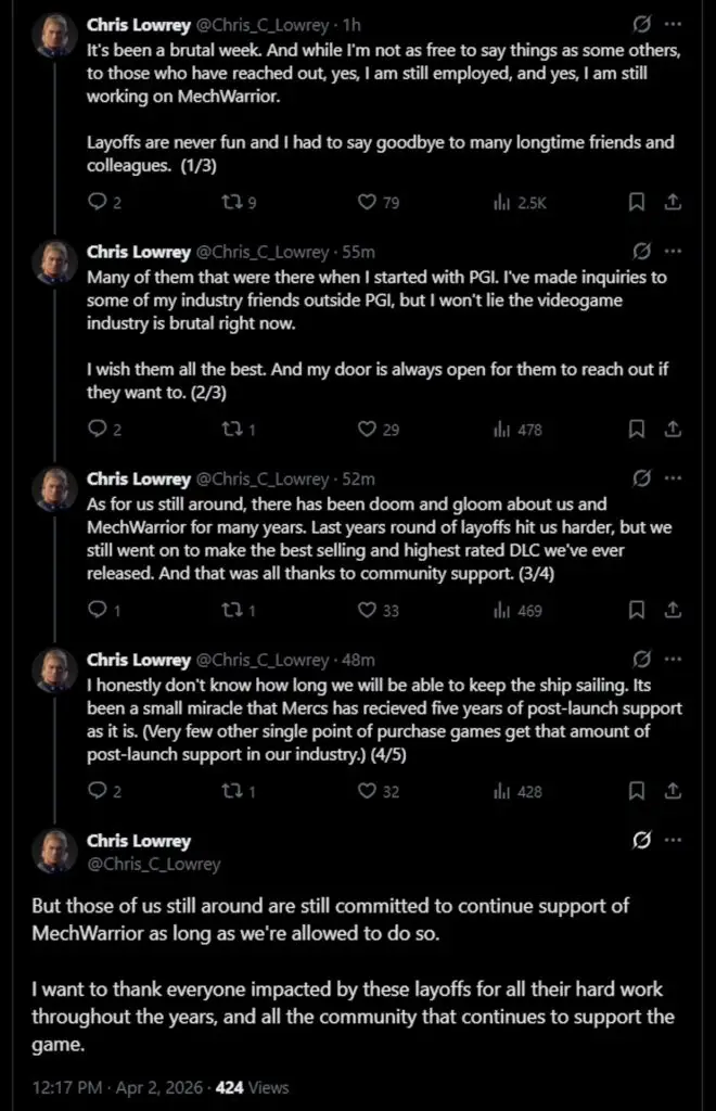 Chris Lowrey's statement regarding Piranha Games layoffs