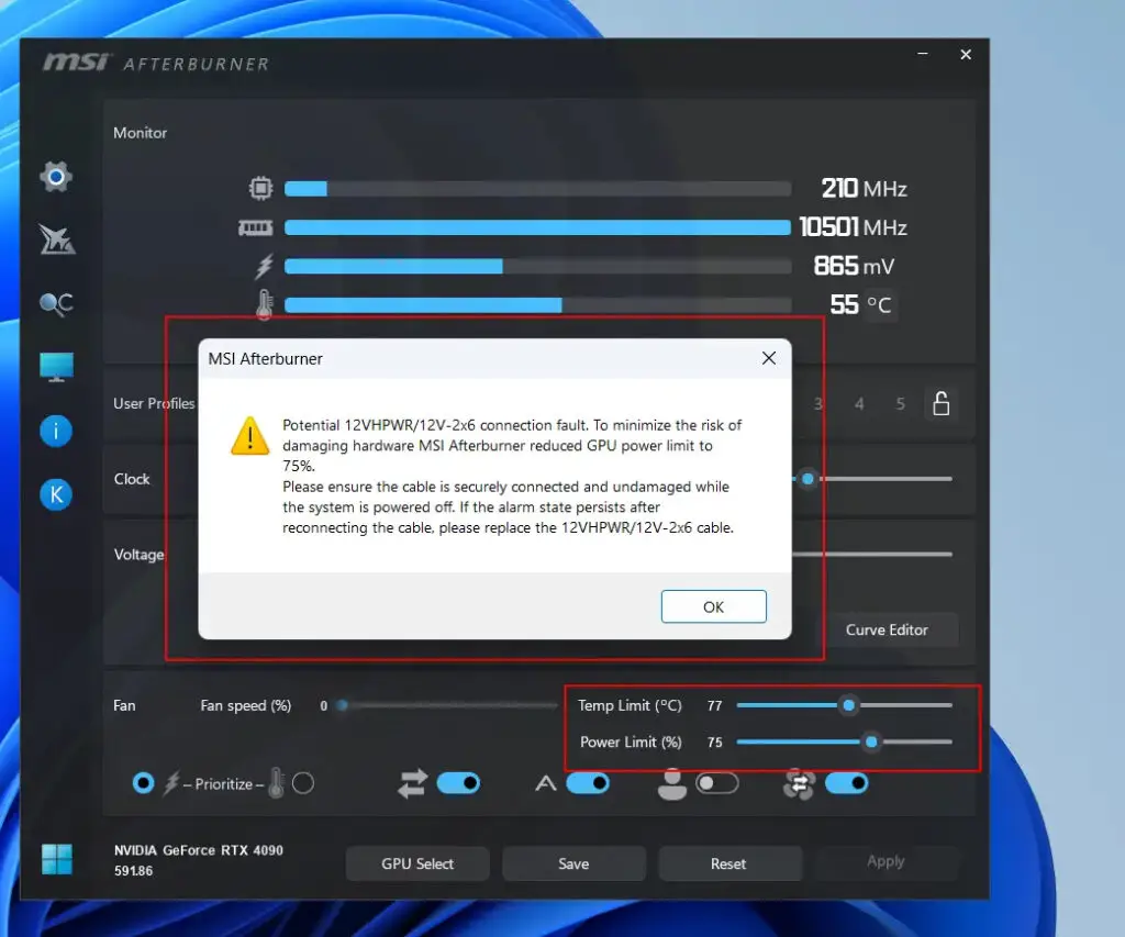 A screenshot of the MSI Afterburner app with the warning sign in place.