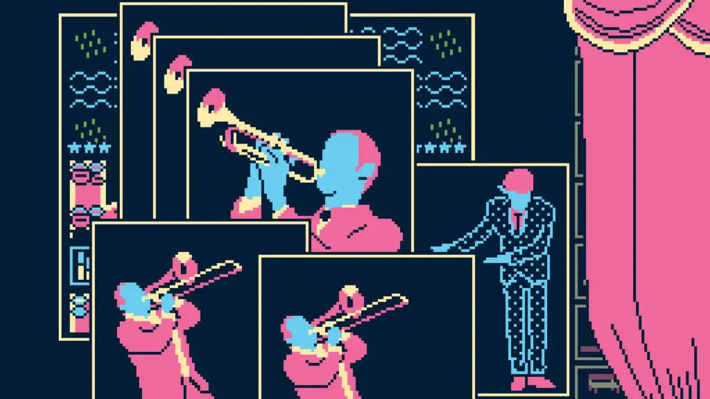 A screenshot of Titanium Court gameplay featuring pixel art and narrative text