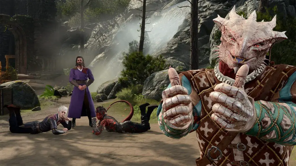 A cinematic shot from Baldur's Gate 3 showing party members at camp.