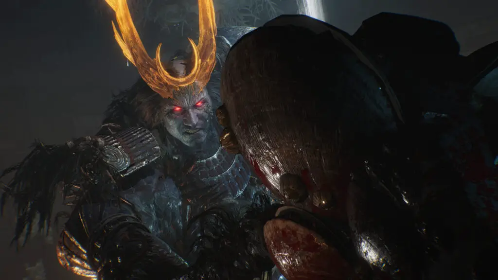 Nioh 3 Baba Nobuharu: A close-up of Baba Nobuharu looking ahead menacingly after slamming his ocean-themed axe on the ground.