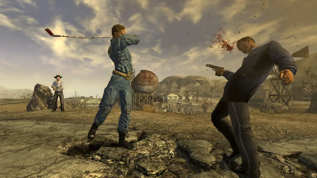A cinematic view of combat in Fallout New Vegas utilizing the VATS system.