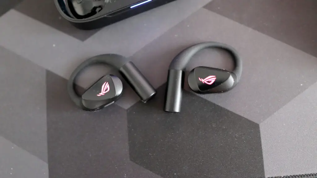 Asus ROG Cetra Open earbuds close up.