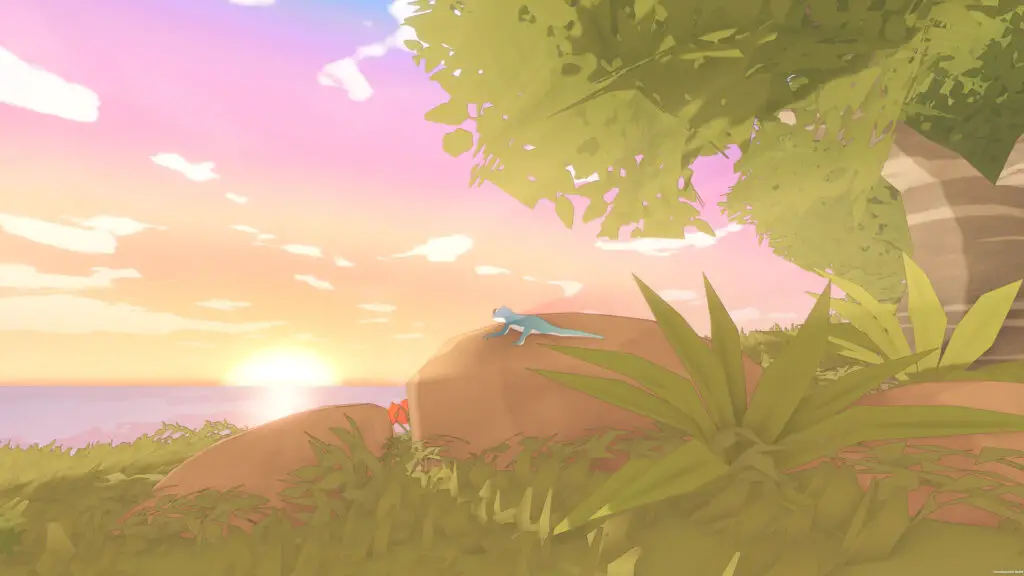 Gecko Gods showing a gecko looking over the sunrise or sunset