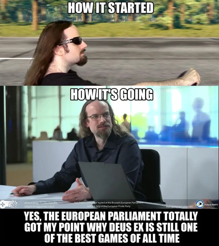 Ross Scott, founder of Stop Killing Games, shown in a comparative meme format highlighting the movement's growth