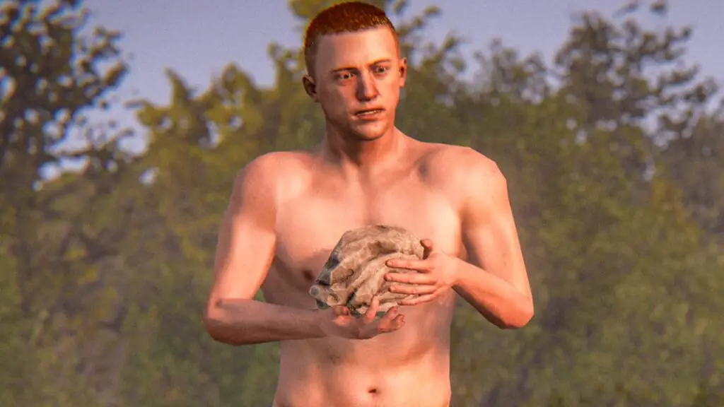 A naked Rust player looking stressed in a competitive survival environment