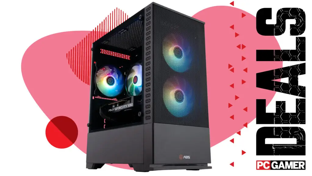 An image of an ABS Cyclone Aqua gaming PC, against a colorful background, with the phrase 'Deals' on the right