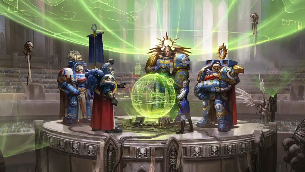 Ultramarine high command meeting around a holographic map in Warhammer 40,000.