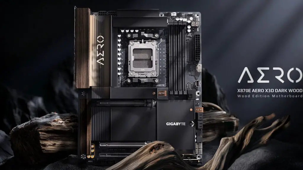 Gigabyte X870E AERO X3D DARK WOOD motherboard featuring premium wood textures