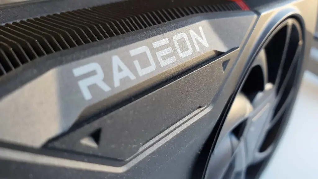 A photo of the AMD Radeon logo on a graphics card