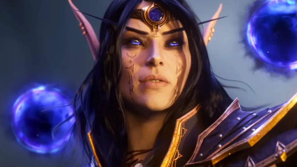 A screencap of the World of Warcraft: Midnight cinematic trailer. An elf with long dark hair and purple eyes faces a bright light in the distance.