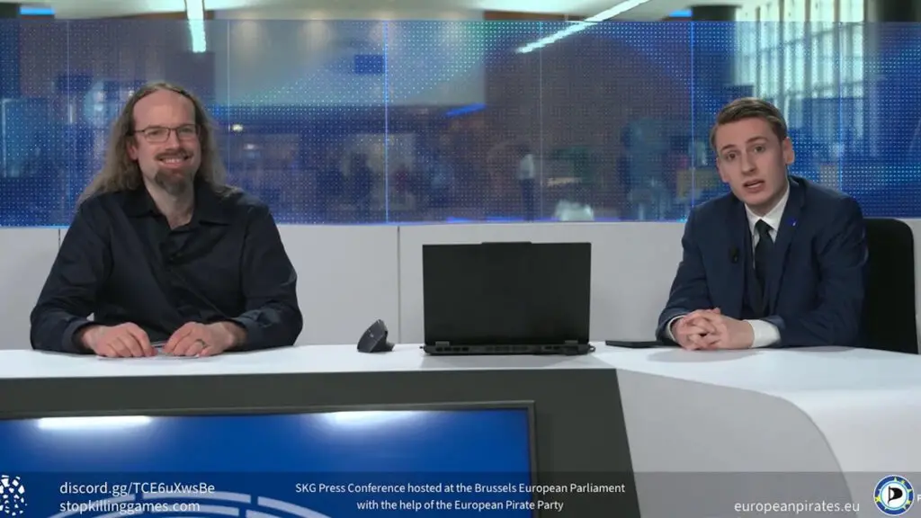 Ross Scott and Moritz Katzner during a press conference following the EU Parliament hearing