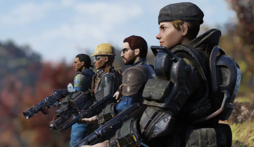 A row of post-apocalyptic soldiers in Fallout 76