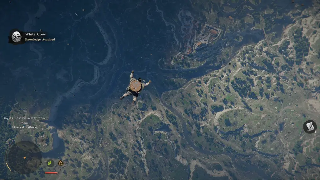 Screenshots of Crimson Desert from a preview event, displaying Kliff cooking, leaping off a sky island, and chopping down a tree.