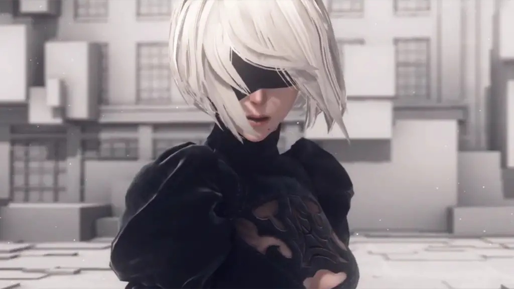 2B from Nier Automata standing in a ruined city